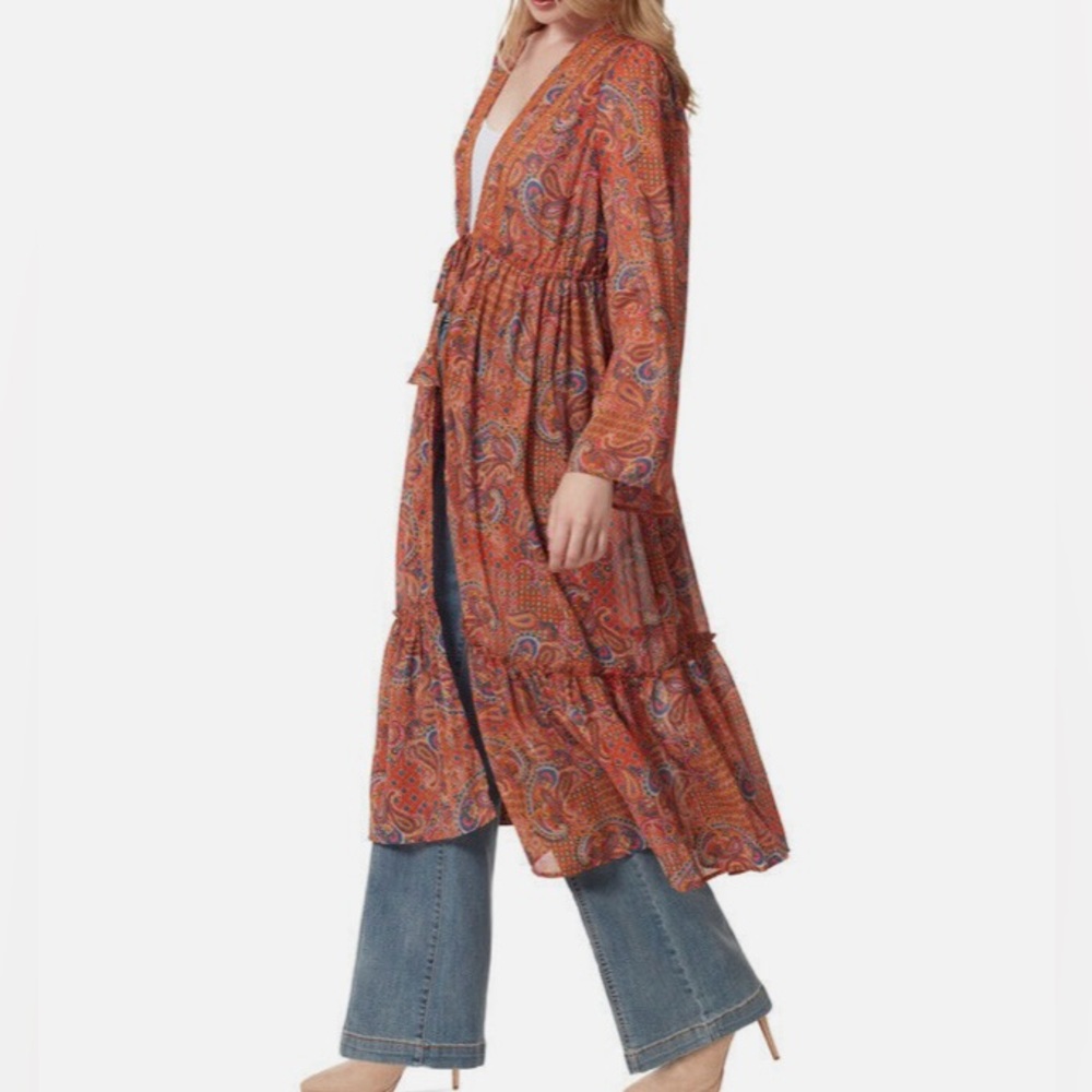 Jessica Simpson Marilyn Lace Trimmed Sheer Duster Orange Paisley Women Size S